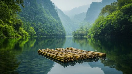 Naklejka premium A high-definition shot of bamboo rafts floating on a serene river, with the natural landscape reflected in the water, creating a tranquil and picturesque scene.