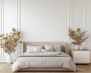 Minimalist Bedroom Interior with Symmetrical Elegance, Empty Wall for Artwork, Tranquil Modern Design Home Decor Inspiration