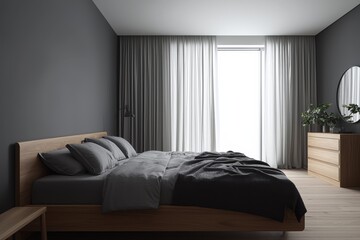 Minimalist Elegance Luxurious Grey Bedspread in Modern Bedroom with Natural Light, Tranquil Atmosphere - Interior Design Concept