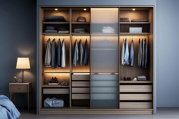 Modern Luxury Walk-in Closet with Frosted Glass Sliding Doors, Elegant Wood Furnishings, and Soft Lighting on Blue Wall Background - Interior Design Inspiration for Home Decor and Lifestyle