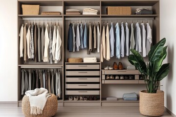 Minimalist Elegance Symmetrical Walk-in Closet with Woven Baskets and Organic Accents, Modern Interior Design Concept for Home Organization and Tranquility
