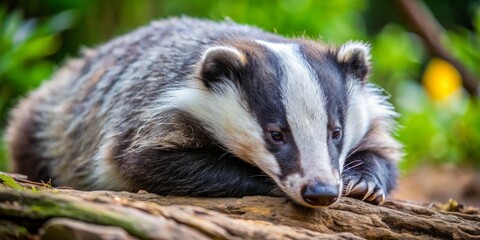 Close-Up Portrait of a European Badger Resting on a Log, Natural Light, Wildlife Photography, Badger, Mammal, Nocturnal