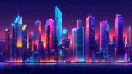 Fototapeta premium Revel in the cityscape of towering neon glass skyscrapers. Neon District. Illustration