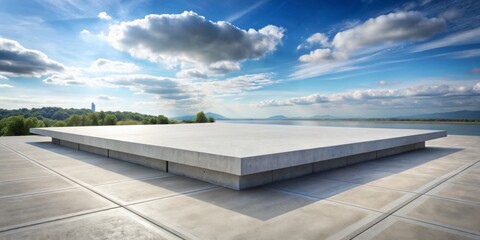 Concrete Platform Overlooking Lake and Mountains, Minimalism, Landscape, Nature