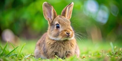 Fototapeta premium Cute Bunny in a Lush Green Meadow, Brown Fur, Green Grass, Closeup, Springtime, Rabbit, Meadow