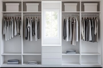 Modern Minimalist Walk-In Closet with Neatly Arranged Clothes, Natural Light, and Serene Atmosphere - Contemporary Organized Wardrobe Concept for Interior Design and Lifestyle Inspiration