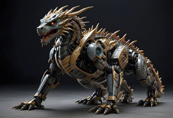  A robotic dragon on a dark background