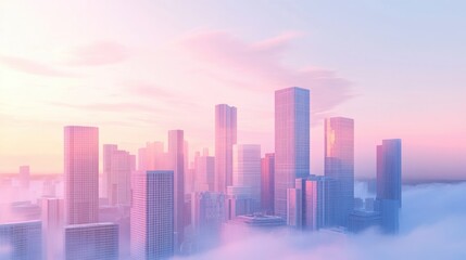 cityscape in soft pastel colors, with modern, minimalistic buildings and light, foggy skies