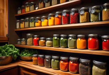 energetic kitchen shelves overflowing vibrant colorful fresh organized utensils creating lively culinary atmosphere, ingredients, spices, produce, food