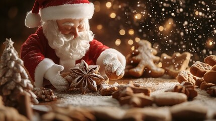 Santa Claus is baking a variety of christmas cookies, sweets with star anise and cinnamon, traditional holiday baking, homemade gingerbread