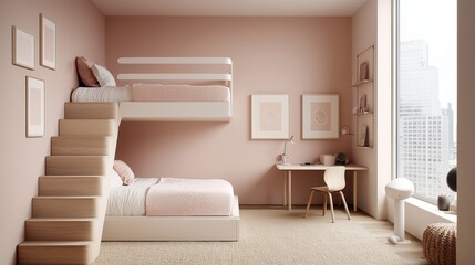 Serene Urban Oasis Modern Bunk Bed Room with City View, Pink Accents, and Minimalist Design for Interior Inspiration and Relaxing Lifestyle Concept