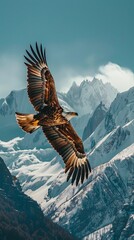 Over the snowy mountain landscape, a bald eagle is soaring.