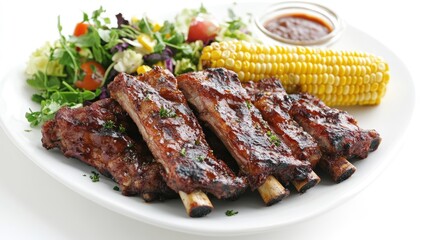 A traditional serving of grilled pork ribs on a white platter, with a side of corn on the cob and a fresh salad, presented against a clean, bright white background.