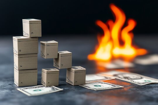 Minimalist bar chart, showing decreasing cash flow over time, with subtle flames appearing in the background
