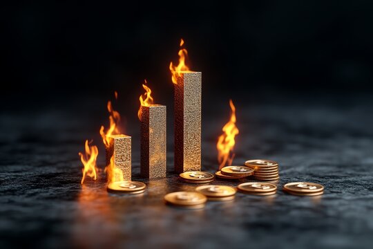 Minimalist bar chart, showing decreasing cash flow over time, with subtle flames appearing in the background