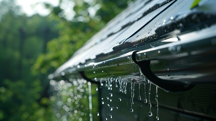 Aluminum drainage system installed on the roof of the house. Drops of rainwater flow from the edge of the gutter, creating a feeling of freshness even after rain.