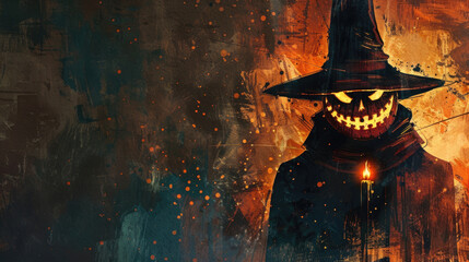 watercolor illustration, vintage postcard, Guy Fawkes Night, silhouette of a man in a pumpkin mask, hat and black raincoat, creepy night background, copy space, free space for text