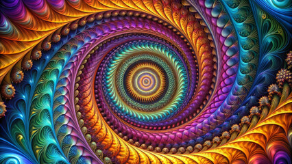 A vibrant abstract spiral design featuring intricate patterns and rich color palette of purple, orange, and teal, evoking sense of depth and movement