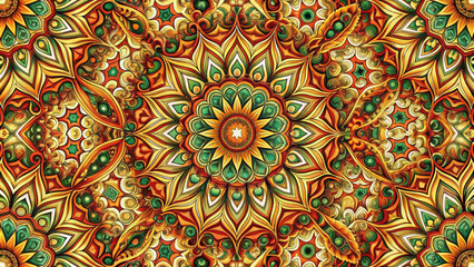Vibrant abstract pattern featuring intricate designs in orange, green, and gold hues, creating mesmerizing visual effect that captivates viewers attention