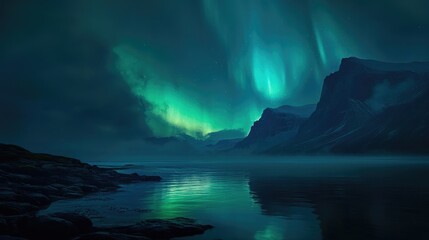 Naklejka premium A tranquil scene of the Southern Lights casting a glow over a serene coastal area, with the aurora reflecting on the calm waters of the sea