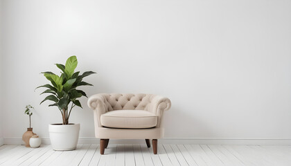 Simple, minimalist interior featuring a beige armchair, white walls, and potted indoor plants on a bright wooden floor
