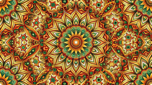 Vibrant abstract pattern featuring intricate designs in orange, green, and gold hues, creating mesmerizing visual effect that captivates viewers attention
