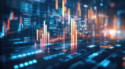 A transparent 3D bar chart floating in a digital space, with bars of different heights representing financial performance, surrounded by data points and futuristic icons.
