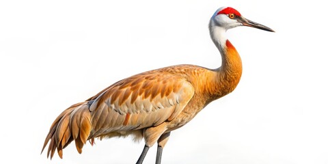 Fototapeta premium Sandhill Crane Profile, isolated on white, red head, long neck, brown feathers, bird, wildlife