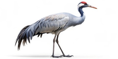 Fototapeta premium Side Profile of a Grey Crane with Red Crown, isolated against a white background, crane, bird, nature