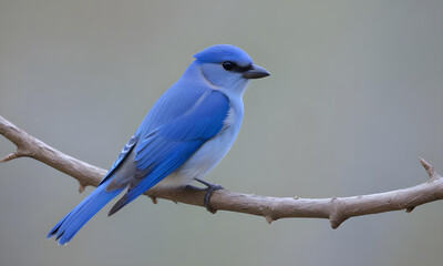 Close-up of a vibrant blue bird perched on a branch, showcasing its striking plumage against a neutral background in a natural setting.

