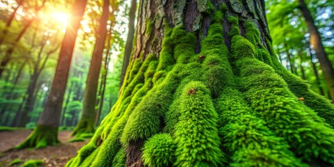 Sun Dappled Mossy Tree Trunk, Close-up, Green, Forest, Nature, forest photography, moss