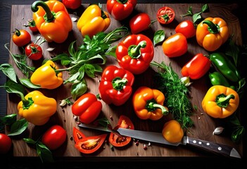vibrant close fresh ingredients being chopped sharp knife wooden cutting board, chopping, vegetables, herbs, kitchen, food, preparation, culinary, bright