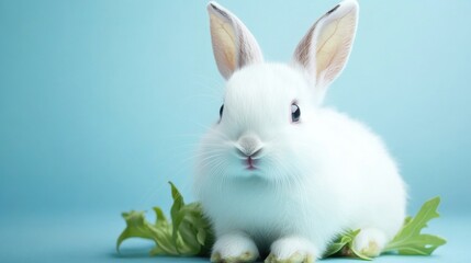 Obraz premium A white bunny sitting on a green leaf with its eyes closed, AI