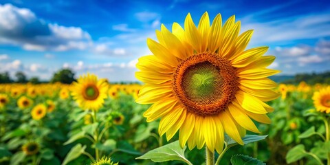 Vibrant Sunflower Close-up Against a Blue Sky, sunflower, nature, field