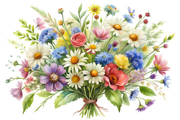 Watercolor bouquet of wildflowers on transparent background