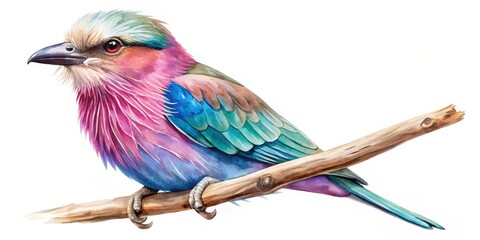 Watercolor Illustration of a Lilac-breasted Roller Perched on a Branch, watercolor , bird, illustration, branch, roller, lilac-breasted roller