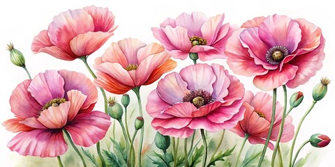 Watercolor Painting of Delicate Pink Poppies in Full Bloom, Watercolor, Poppy, Floral, Flower