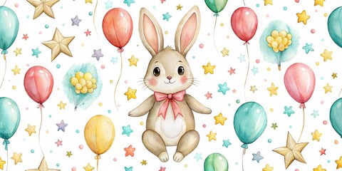 Watercolor Seamless Pattern Cute Bunny with Balloons and Stars, Birthday, Celebration, Party, kids, baby, pattern