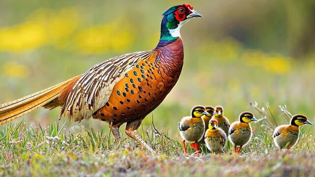 Male common pheasant is walking in the grass with its baby chicks