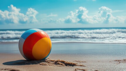 Obraz premium A vibrant image of a colorful beach ball lying on the sand with a clear blue sky and gentle waves in the background, evoking a fun, summery atmosphere.