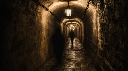 Fototapeta premium A ghostly shadow gliding across the walls of a dark tunnel lit by old, flickering lamps.