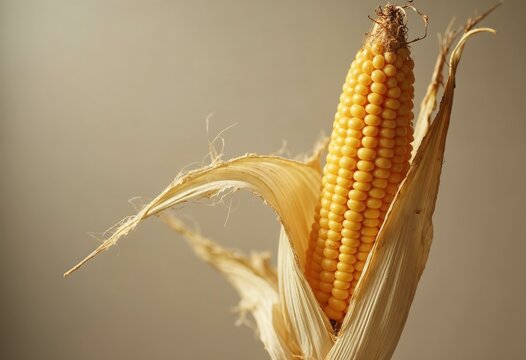 Dried Corn Cob on Beige Background: Autumn Harvest and Natural Texture