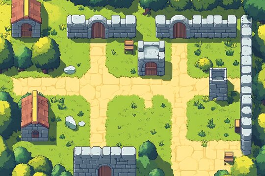 Top down pixel art village with stone walls, dirt paths, and wooden houses
