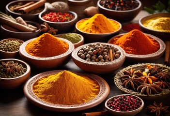colorful aromatic spices displayed traditional platter creating feast eyes senses, arrangement, assortment, basil, bright, bowl, cardamom, chili, cinnamon