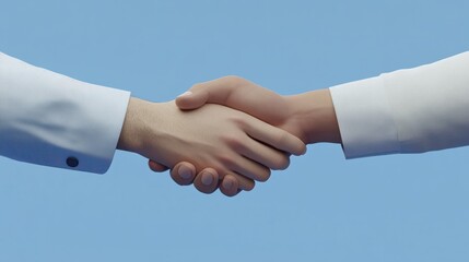 A handshake isolated on a blue background is a concept of relationships, teamwork, partnership deals, businessman cooperation, corporate meetings, contracts, friendship and business agreements.