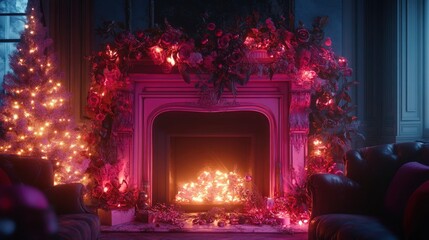A vintage Cozy fireplace featuring pink metallic decorations and glowing lights, creating a festive atmosphere.