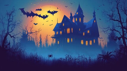 A haunted house with bats and spiders. Halloween background