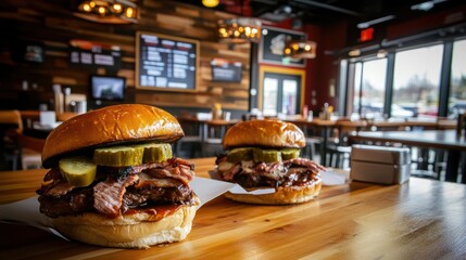 A lively BBQ restaurant offers smoked brisket sandwiches topped with pickles on wooden tables.