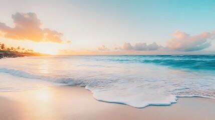 Fototapeta premium A serene beach background with gentle waves and a vibrant sunset in the distance