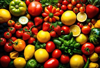 colorful arrangement fresh fruits vegetables showcasing vibrant display bounty eye catching layout, nature, market, showcase, harvest, edible, bright, local